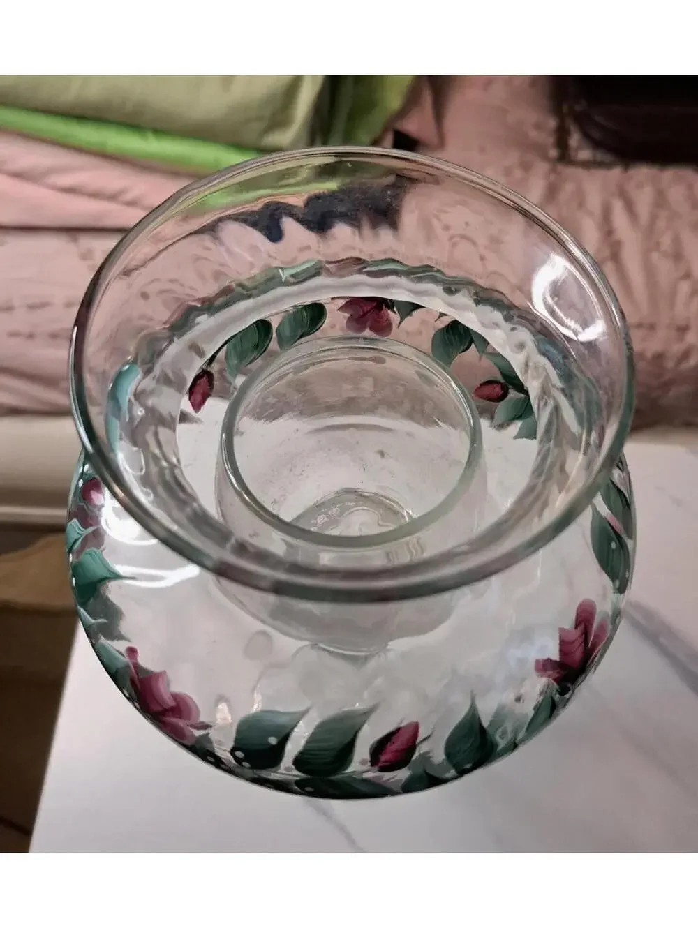 Vintage Hand-painted Pedestal Glass Hurricane Votive Lamp with Rosebuds-10